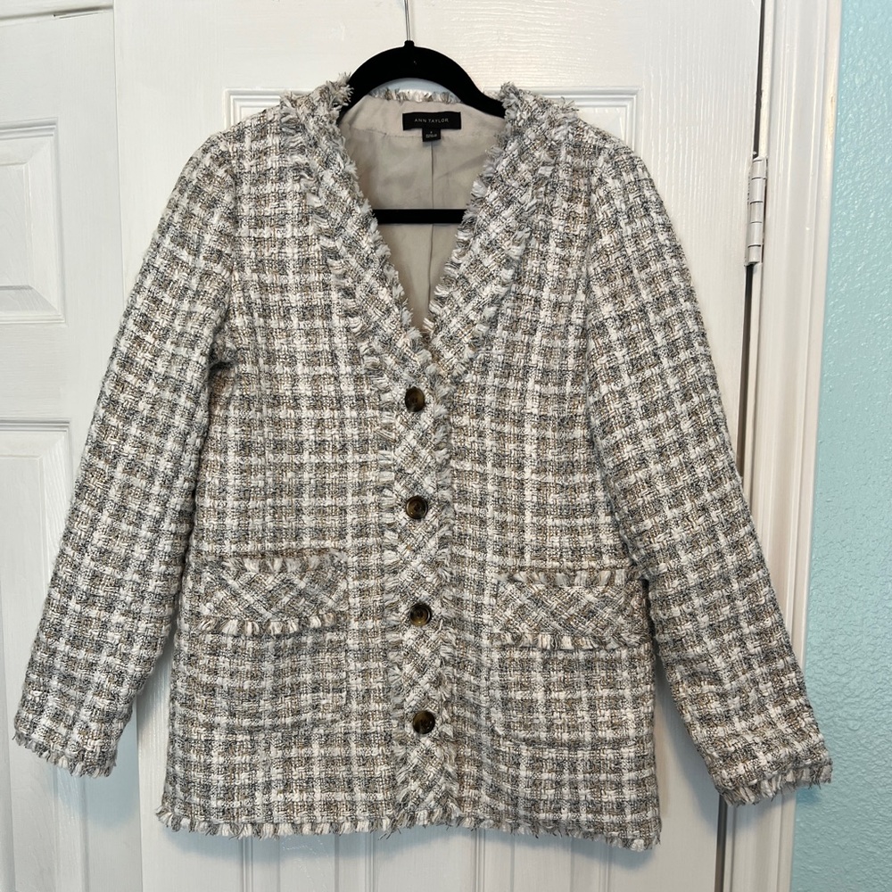 Ann Taylor Elegant Cream Gray Boucle Tweed Jacket Blazer